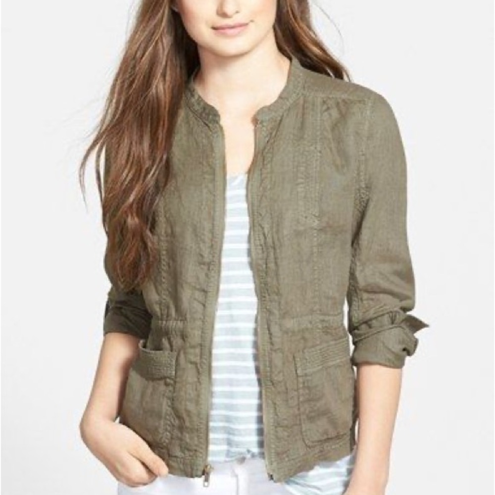 Caslon Olive Green 100% Linen Utility Jacket | Size M